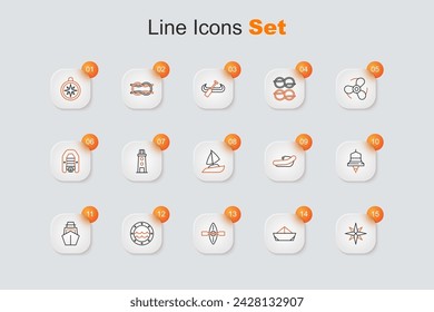 Set line Wind rose, Folded paper boat, Kayak and paddle, Ship porthole, Yacht sailboat, bell, Inflatable with motor and  icon. Vector