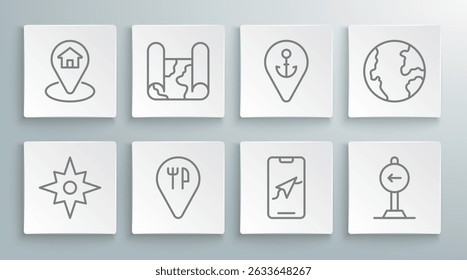 Set line Wind rose, Folded map, Cafe and restaurant location, City navigation, Traffic sign turn left, Location with anchor, Earth globe and house icon. Vector