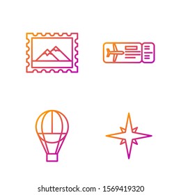 Set line Wind rose, Hot air balloon, Postal stamp and Mountains and Airline ticket. Gradient color icons. Vector