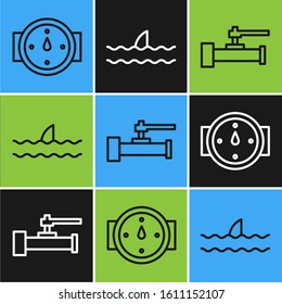 Set line Wind rose, Industry metallic pipes and valve and Shark fin in ocean wave icon. Vector