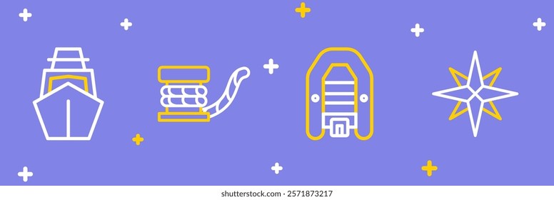 Set line Wind rose, Inflatable boat with motor, Marine bollard rope and Yacht sailboat icon. Vector