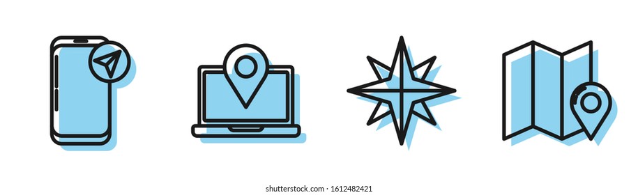 Set line Wind rose, Infographic of city map navigation, Laptop with location marker and Folded map with location marker icon. Vector
