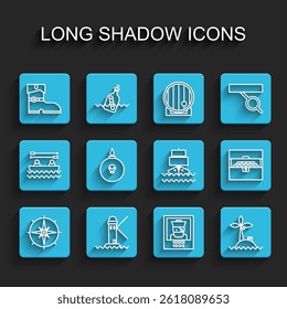 Set line Wind rose, Lighthouse, Leather pirate boots, Wanted poster, Tropical island ocean, Bomb ready to explode, Antique treasure chest and Ship icon. Vector