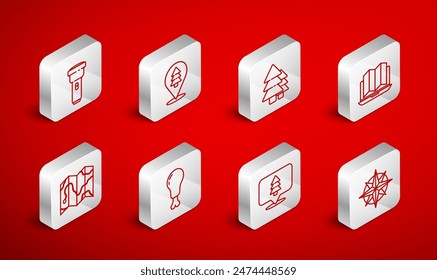 Set line Wind rose, Location of the forest, Tree, laptop, Flashlight, Chicken leg and map icon. Vector