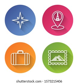 Set line Wind rose, Map pointer with Eiffel tower, Suitcase for travel and Postal stamp and Egypt pyramids. Color circle button. Vector