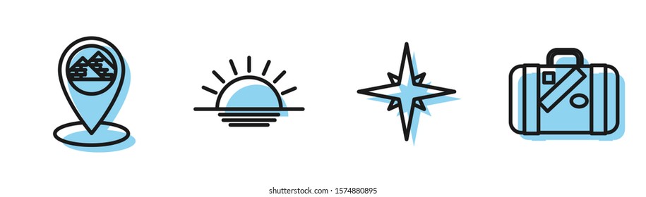 Set line Wind rose, Map pointer with Egypt pyramids, Sunset and Suitcase for travel and stickers icon. Vector