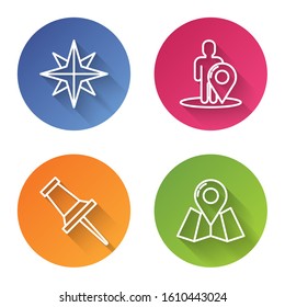 Set line Wind rose, Map marker with a silhouette of a person, Push pin and Folded map with location marker. Color circle button. Vector