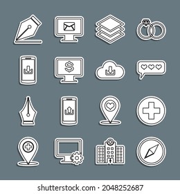 Set line Wind rose, Medical cross circle, Like and heart, Layers, Monitor with dollar, Smartphone download, Fountain pen nib and Cloud icon. Vector