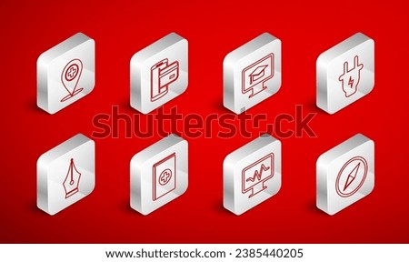 Set line Wind rose, NFC Payment, Monitor with graduation cap, Electric plug, cardiogram, Medical location cross, book and Fountain pen nib icon. Vector
