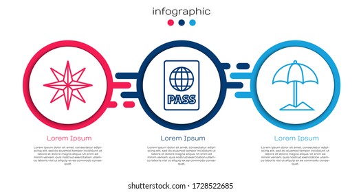 Set line Wind rose, Passport and Sun protective umbrella for beach. Business infographic template. Vector
