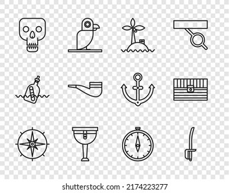 Set line Wind rose, Pirate sword, Tropical island ocean, Wooden pirate leg, Skull, Smoking pipe, Compass and Antique treasure chest icon. Vector