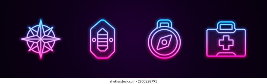 Set line Wind rose, Rafting boat, Compass and First aid kit. Glowing neon icon. Vector