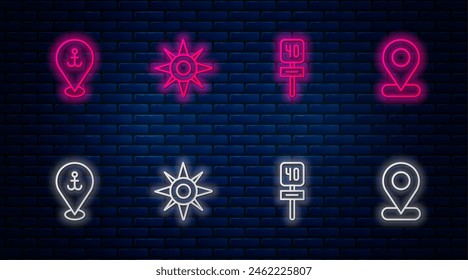 Set line Wind rose, Road traffic sign, Location with anchor and . Glowing neon icon on brick wall. Vector