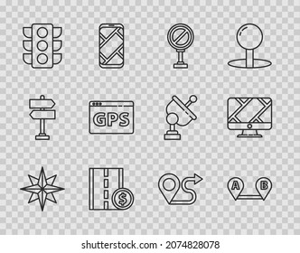 Set line Wind rose, Route location, Stop sign, Toll road traffic, Traffic light, Gps device with map,  and Monitor marker icon. Vector