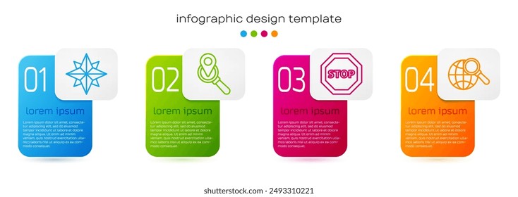 Set line Wind rose, Search location, Stop sign and Magnifying glass with globe. Business infographic template. Vector