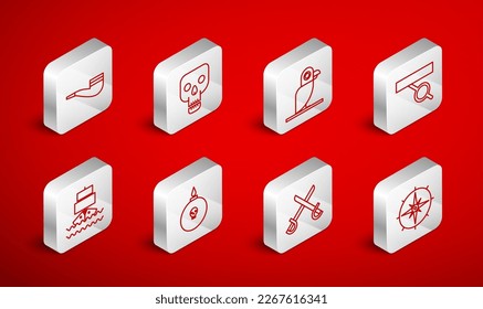 Fijar la línea rosa del viento, Calavera, Loro pirata, parche de ojos, Espadas piratas cruzadas, Tubo de tabaco, Bomba lista para explotar e icono de barco. Vector
