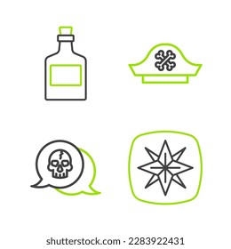 Set line Wind rose, Skull, Pirate hat and Alcohol drink Rum icon. Vector