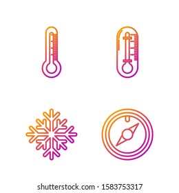 Set line Wind rose, Snowflake, Thermometer and Thermometer. Gradient color icons. Vector