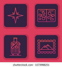 Set line Wind rose, Suitcase for travel and stickers, Passport pages with visa stamps and Postal stamp and Mountains. Blue square button. Vector