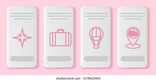 Set line Wind rose, Suitcase for travel, Hot air balloon and Map pointer with Coliseum in Rome, Italy. White rectangle button. Vector