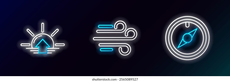Set line Wind rose, Sunrise and  icon. Glowing neon. Vector