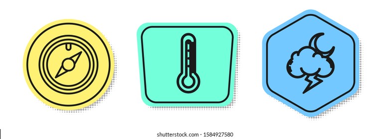 Set line Wind rose, Thermometer and Storm. Colored shapes. Vector