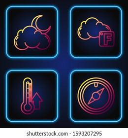 Set line Wind rose, Thermometer, Cloud with moon and stars and Fahrenheit and cloud. Gradient color icons. Vector