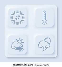 Set line Wind rose, Thermometer, Windy weather and Storm. White square button. Vector