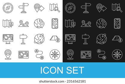 Set line Wind rose, Toll road traffic, City map navigation, Location with house, Route location, Folded marker, Compass and the globe icon. Vector