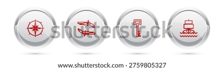 Set line Wind rose, Vintage pistols, Pirate key and Ship. Silver circle button. Vector