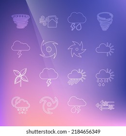 Set line Wind and snow, Cloudy with rain sun, lightning, Tornado, Storm,  and  icon. Vector