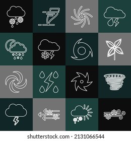 Set line Wind and snow, Tornado, Pinwheel, Cloud with lightning, rain, moon, and icon. Vector
