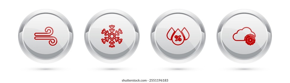Set line Wind, Snowflake, Water drop percentage and Cloud with snow. Silver circle button. Vector