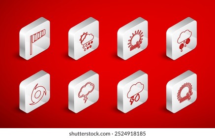 Set line Wind and sun, Cloud with snow, rain,, lightning, Cone windsock wind vane, Storm and Tornado icon. Vector