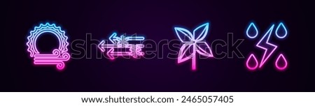 Set line Wind and sun, snow, Pinwheel and Storm. Glowing neon icon. Vector