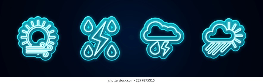 Set line Wind and sun, Storm, Cloud with rain lightning and Cloudy. Glowing neon icon. Vector