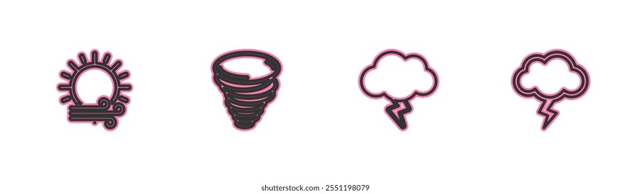 Set line Wind and sun, Storm, Tornado and  icon. Vector