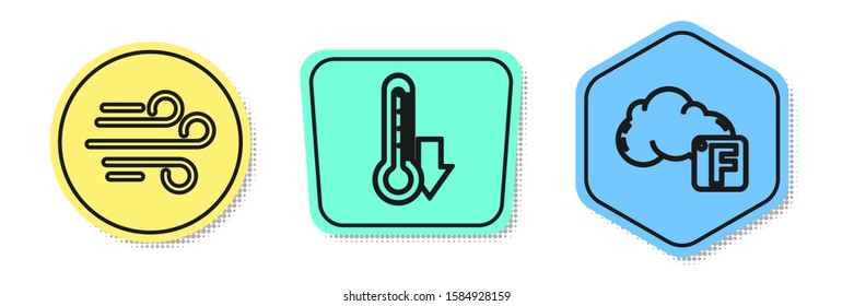 Set line Wind, Thermometer and Fahrenheit and cloud. Colored shapes. Vector