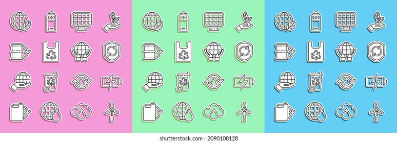 Set line Wind turbine, Battery, Recycle symbol inside shield, Solar energy panel, Plastic bag with recycle, Eco fuel barrel, Earth globe and leaf and Hands holding icon. Vector