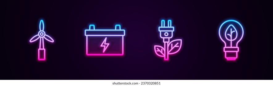 Set line Wind turbine, Car battery, Electric saving plug leaf and Light bulb with. Glowing neon icon. Vector