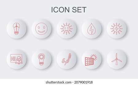 Set line Wind turbine, Certificate template, Cute sun with smile, Solar energy panel and, Light bulb wind, Smile face,  and Signature icon. Vector