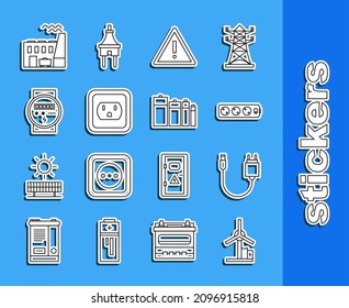 Set line Wind turbine, Charger, Electric extension cord, Exclamation mark triangle, Electrical outlet the USA, meter, Coal power plant and factory and Battery icon. Vector