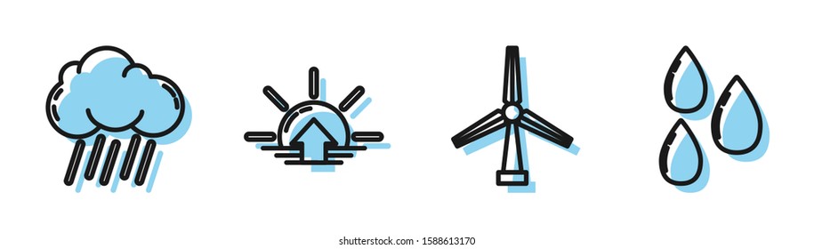 Set line Wind turbine, Cloud with rain, Sunrise and Water drop icon. Vector
