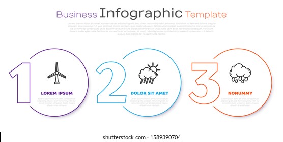Set line Wind turbine, Cloud with rain and sun and Cloud with rain. Business infographic template. Vector