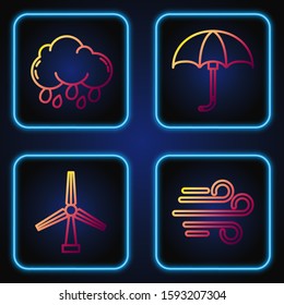 Set line Wind, Wind turbine, Cloud with rain and Classic elegant opened umbrella. Gradient color icons. Vector