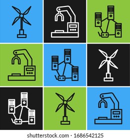 Set line Wind turbine, Computer network and Robotic robot arm hand factory icon. Vector