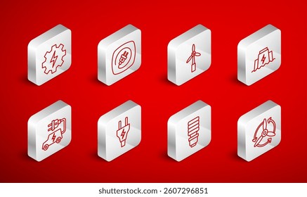 Set line Wind turbine, Electric plug, Hydroelectric dam, LED light bulb, Gear and lightning,  and car icon. Vector