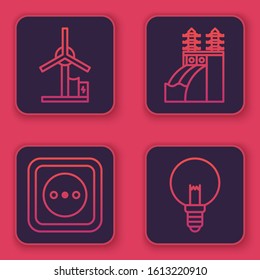 Set line Wind turbine, Electrical outlet, Nuclear power plant and Light bulb. Blue square button. Vector