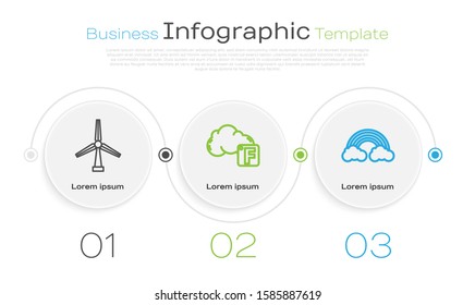 Set line Wind turbine, Fahrenheit and cloud and Rainbow with clouds. Business infographic template. Vector