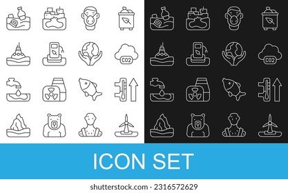 Set line Wind turbine, Global warming, CO2 emissions cloud, Face protective mask, Petrol or gas station, Floating buoy the sea, Problem pollution of ocean and Hand holding Earth globe icon. Vector